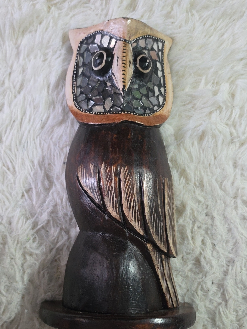 Hand-Carved Brown Wooden Owl Accent Statue - Unbranded